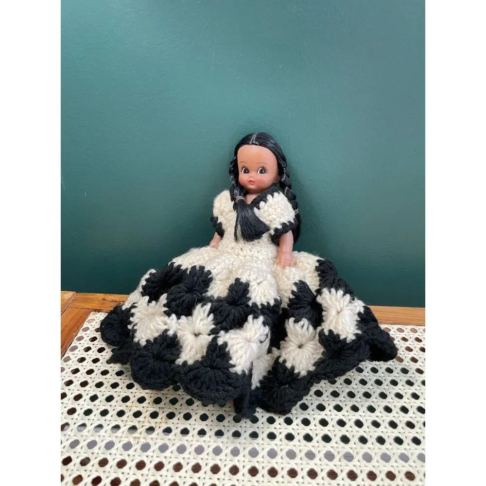 Vintage Doll Handmade Crocheted Black & Cream Dress Long Braids Folk Art Display